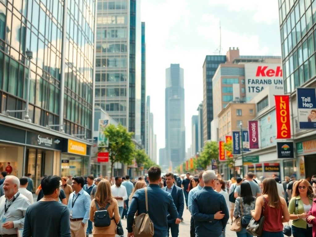 Scenă urbană dinamică cu antreprenori și activitate vibrantă.