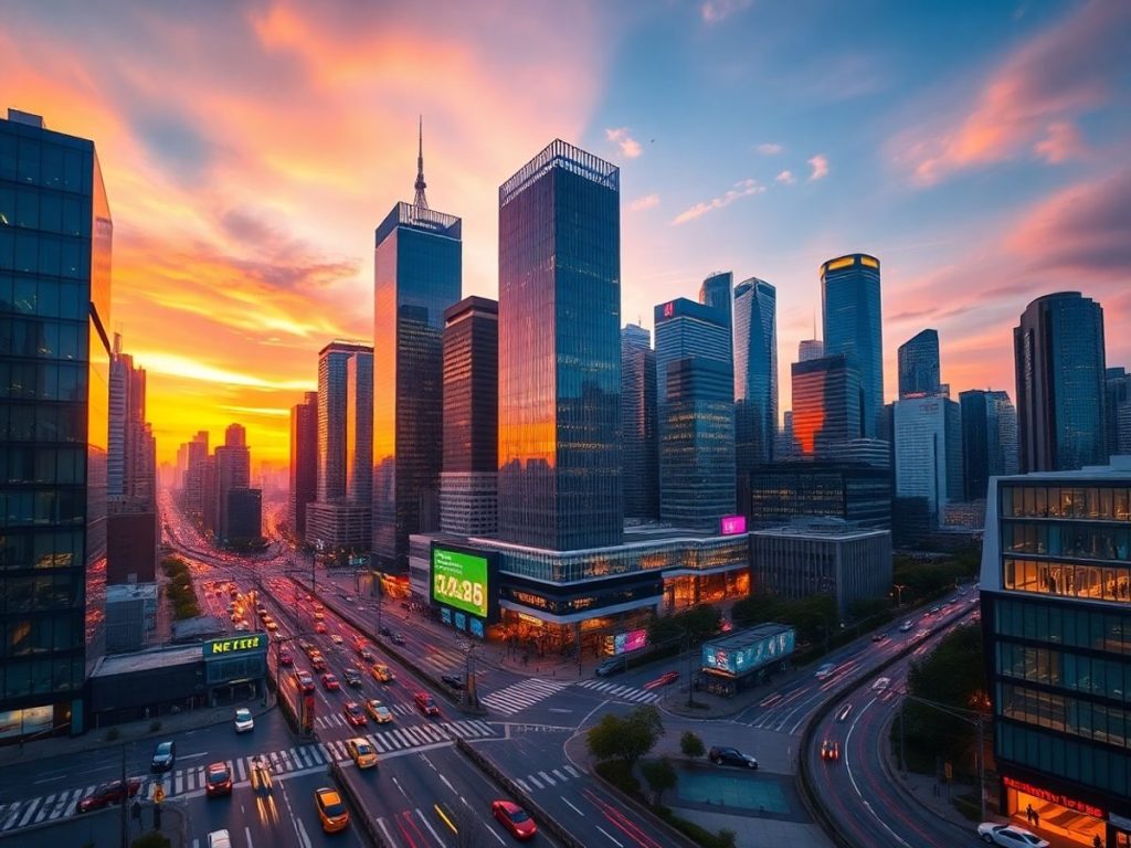 Orizontul orașului modern la apus.