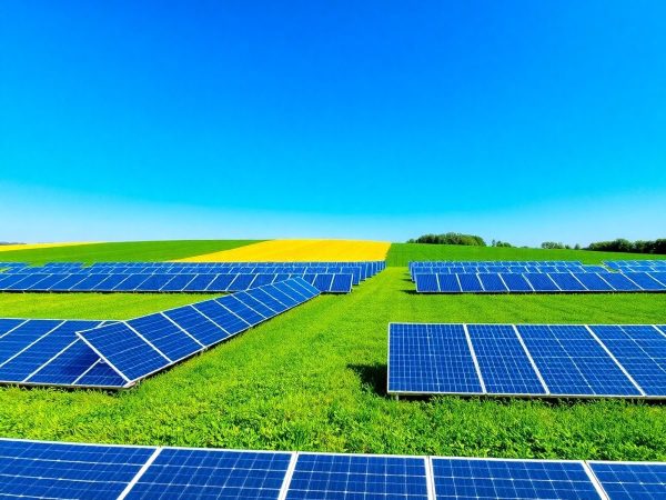 Peisaj verde cu panouri solare și câmpuri agricole.
